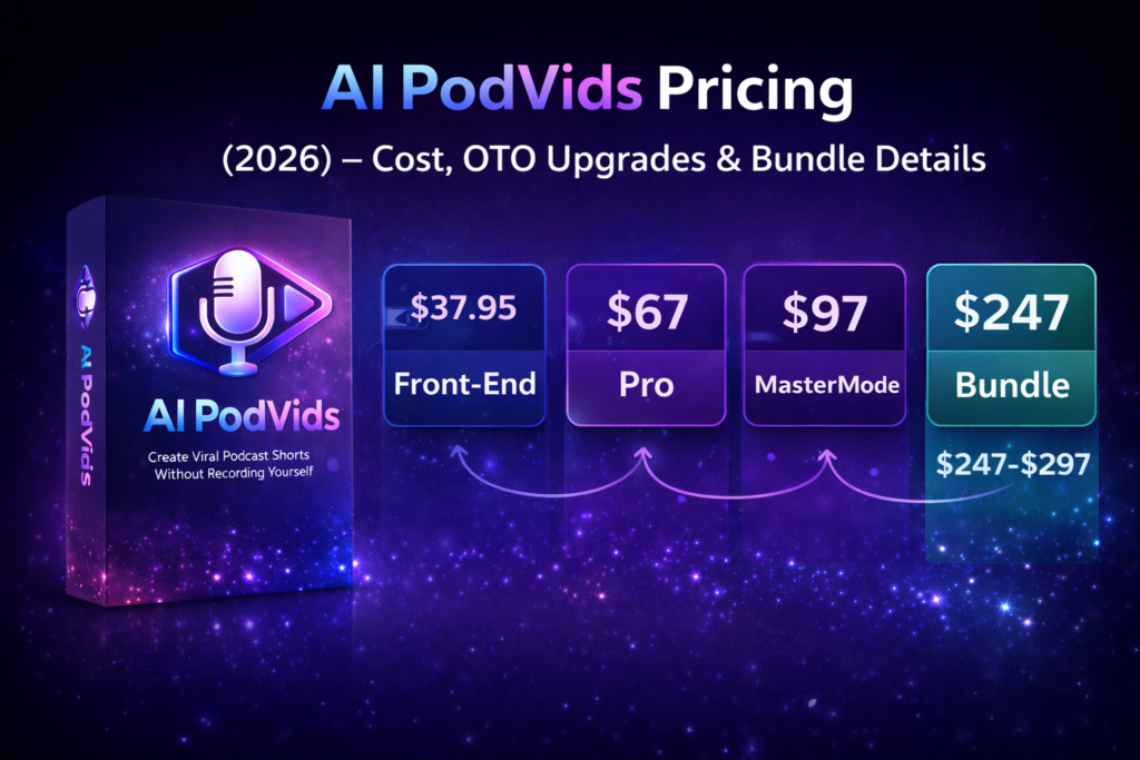 AI PodVids Pricing Image with Front-End Cost, Pro, MasterMode and Bundle Upgrade Details
