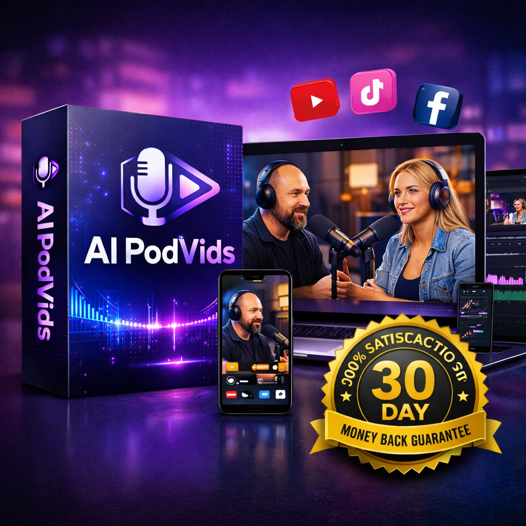 AI PodVids Review – Official Product Image with 30 Day Money Back Guarantee Badge